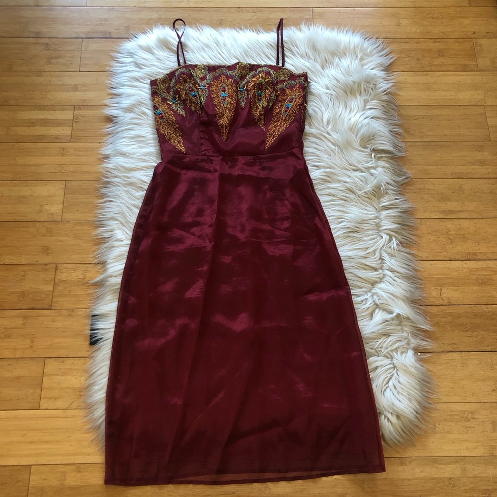 Vintage A.B.S Allen Schwartz Gold Oriental Embroidery Burgundy Mini Dress size 4